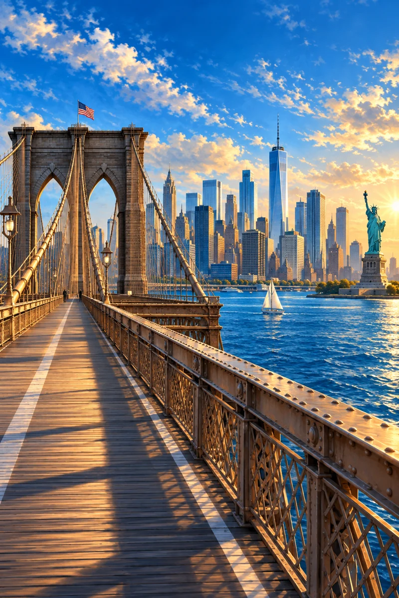 Ilustração do Brooklyn Bridge e do horizonte de Nova York ao pôr do sol